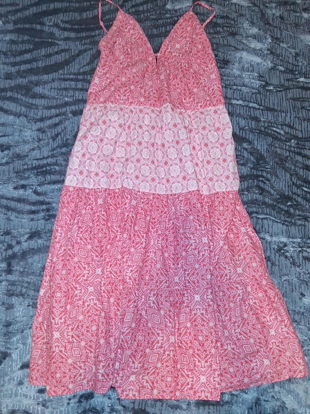 Japna Red Patterned Tiered Maxi Dress with Spaghetti Straps